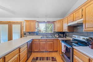 Kitchen featuring light countertops, tasteful backsplash, stainless steel appliances, under cabinet range hood, and a sink