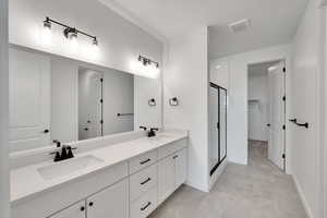 Full bath featuring double vanity, visible vents, a shower stall, and a sink