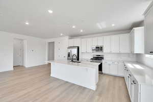 Kitchen featuring a sink, light wood-style floors, a center island with sink, backsplash, and appliances with stainless steel finishes