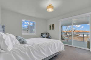 Carpeted bedroom with access to exterior