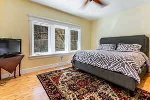 Bedroom with wood finished floors, baseboards, visible vents, ceiling fan, and recessed lighting
