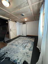 Below grade area with a barn door and baseboards