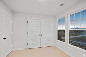 Bedroom featuring a closet, visible vents, carpet, baseboards, and a mountain view