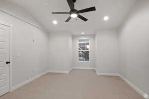 Spare room featuring baseboards, visible vents, recessed lighting, and a ceiling fan
