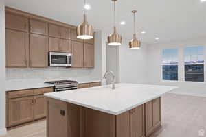 Kitchen with stainless steel appliances, backsplash, a sink, light wood finished floors, and a kitchen island with sink