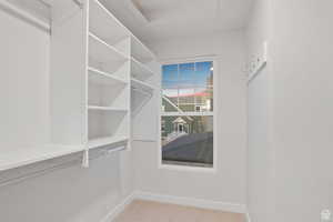 Walk in closet with carpet flooring