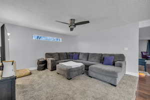 Living area featuring wood finished floors, a textured ceiling, baseboards, and ceiling fan