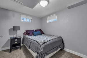 Carpeted bedroom featuring baseboards and a textured ceiling