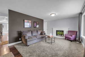 Living area with baseboards, a fireplace, and wood finished floors