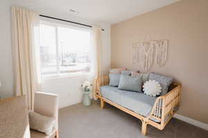 Living area with baseboards, carpet flooring, and visible vents