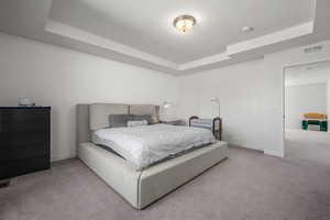 Bedroom with a raised ceiling, carpet, and visible vents