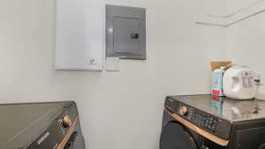 Laundry room featuring washer and dryer and electric panel