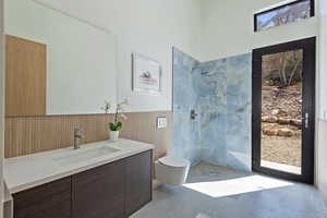 Full bathroom with toilet, walk in shower, and plenty of natural light