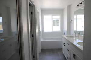 Bathroom featuring a bath, double vanity, and a sink