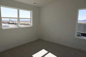 Carpeted empty room with baseboards, visible vents, and a wealth of natural light