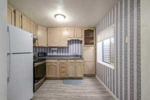 Kitchen with freestanding refrigerator, stainless steel range with electric cooktop, light brown cabinets, dark countertops, and light wood-style floors