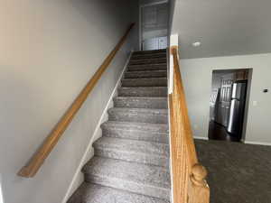 Staircase with baseboards and carpet floors