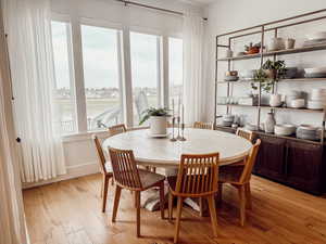 Dining area featuring light wood finished floors and baseboards