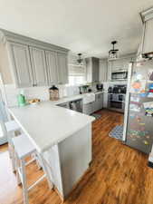 Kitchen with countertops, a peninsula, appliances with stainless steel finishes, a sink, and gray cabinets