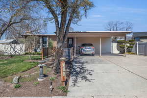 Ranch-style home featuring fence, a front lawn, concrete driveway, and a carport