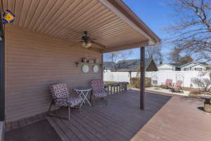 Wooden terrace featuring a fenced backyard and ceiling fan