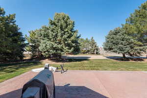 View of spacious backyard patio looking toward the swimming pool and mature trees