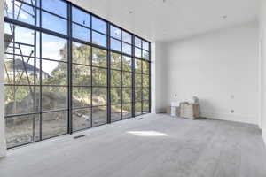 Unfurnished living room featuring expansive windows and light wood-style flooring