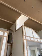 Detailed view of wooden ceiling with exposed beams