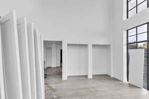 Foyer entrance with a high ceiling and light wood-type flooring