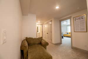 Living area featuring light carpet, baseboards, and a textured ceiling