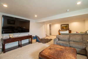 Living room featuring light colored carpet, recessed lighting, and a textured ceiling