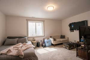 Bedroom featuring a textured ceiling, visible vents, and carpet