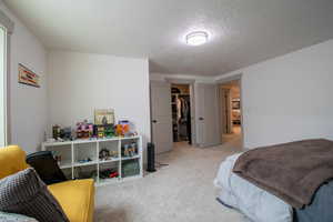 Carpeted bedroom featuring a spacious closet, a closet, and a textured ceiling
