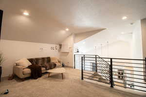 Interior space featuring lofted ceiling, a textured ceiling, and carpet