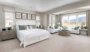 Carpeted bedroom featuring a mountain view, vaulted ceiling, and recessed lighting