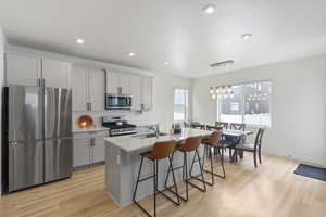 Kitchen featuring light countertops, appliances with stainless steel finishes, a sink, gray cabinets, and a kitchen breakfast bar