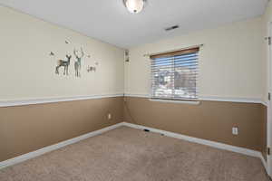 Spare room featuring carpet flooring, baseboards, and visible vents