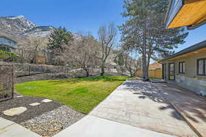 View of yard featuring a patio area, a fenced backyard, and a mountain view