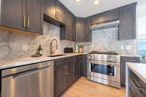 Kitchen featuring tasteful backsplash, a sink, light wood-type flooring, appliances with stainless steel finishes, and under cabinet range hood