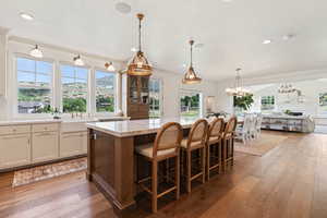 Kitchen with a healthy amount of sunlight, light wood-style flooring, a sink, and a kitchen island