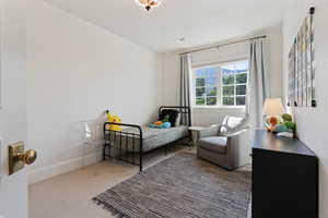 Bedroom with baseboards, visible vents, and carpet