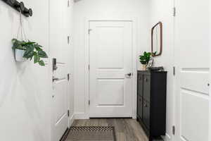 Doorway to outside with dark wood-type flooring