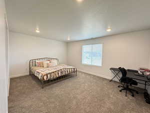 Bedroom with baseboards, carpet floors, a textured ceiling, and visible vents