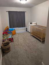 Carpeted bedroom with a textured ceiling (bedroom 1)