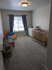 Bedroom featuring baseboards, carpet flooring, and a textured ceiling (bedroom 1)