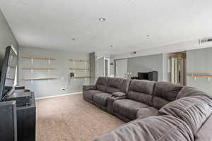 Living area featuring baseboards, visible vents, carpet flooring, and a textured ceiling