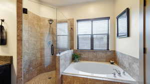 Bathroom featuring a shower stall, a healthy amount of sunlight, and a garden tub