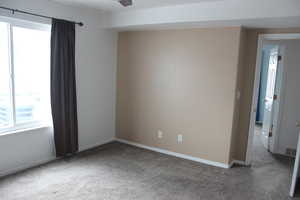 Unfurnished room featuring baseboards, visible vents, ceiling fan, and carpet flooring