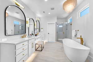 Bathroom featuring a stall shower, visible vents, vanity, and a healthy amount of sunlight
