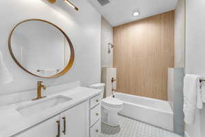 Full bathroom featuring visible vents, toilet, vanity, and shower / tub combination
